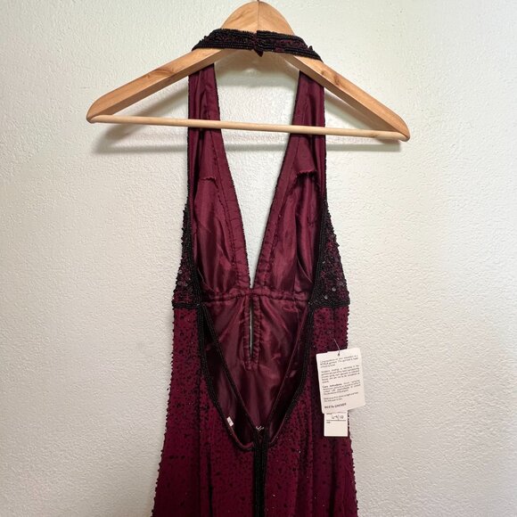 NWT SCALA Sequined Evening Beaded Halter Silk Burgundy Maxi Prom Dress L 9-10 - Picture 7 of 15